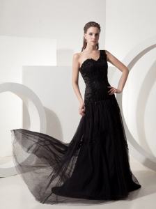 Sexy One Shoulder Appliques With Beading Court Train Chiffon Tulle For Custom Made