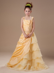 Straps Beading Organza Yellow A-Line Flower Girl Dress