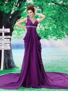 V-neck Beading Evening Dress Chiffon Purple Watteau Empire