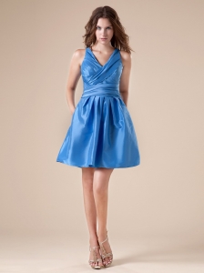 V-neck Blue Mini-length Taffeta 2013 Prom / Homecoming Dress