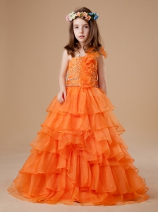 A-Line Orange Beautiful Beading One Shoulder Organza Flower Girl Dress