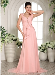 Baby Pink Straps Hand Made Flowers Stylish Prom Gowns With Brush Train