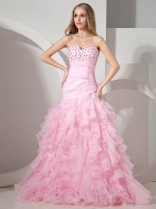 Baby Pink Sweetheart Neckline With Rhinestones and Ruffles Decorate Prom Dress