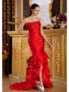 Beaded Decorate Bust Mermaid Florid Red Organza Brush Train 2013 Prom / Pageant Dress