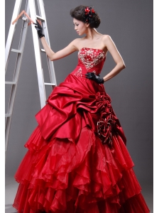 Beaded Decorate Bust Strapless Hand Made Flowers Floor-length Red Taffeta and Organza 2013 Quinceanera Dress
