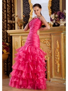 Beaded Decorate One Shoulder Ruch and Ruffled Layers Mermaid Floor-length Organza Coral Red 2013 Prom / Evening Dress