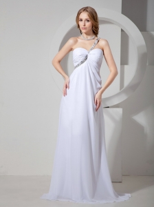 Beaded Decorate Shoulder Brush Train White Chiffon Prom Dress