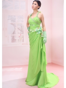Beaded Decorate Shoulder Spring Green Chiffon Halter Brush / Sweep Empire Prom Dress
