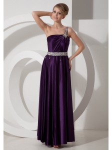 Beaded Decorate Waist One Shoulder Empire Purple Elastic Woven Satin Prom Dress Beaded Decorate Shoulder