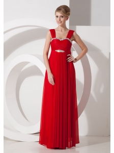 Beading Chiffon Red Column / Sheath Straps Floor-length Prom Dress