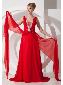 Beading Chiffon V-neck Empire Brush / Sweep Red Prom Dress Lace-up