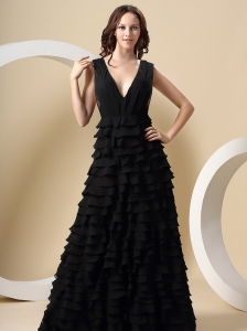 Black Ruffled Layers For V-neck Prom Dress