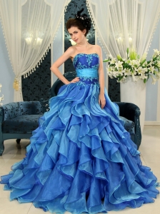 Blue Appliques A-line Organza Strapless New Designer Quinceanera Dress For 2013