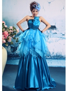 Blue Taffeta Beaded Bodice Strapless A-line Hand Made Flowers Prom Gowns Custom Made