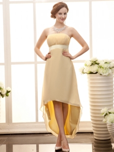 Champagne Empire Strapless Asymmetrical Hemline Chiffon Simple Custom Made Prom Gowns