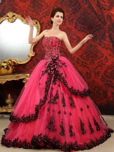 Coral Red Ball Gown Strapless Court Train Tulle Customize 2013 Quinceanera Dress