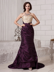 Dark Purple Sweetheart Beaded Decorate Appliques Taffeta Court Train Prom Gowns For Custom Made
