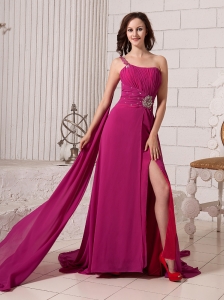 Fuchsia Empire Beaded Decorate Shoulder One Shoulder Watteau Train Prom Gowns For Custom Made