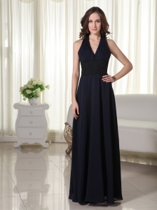 Halter Column / Sheath Chiffon Lace Prom Dress Navy Blue Floor-length