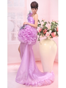Hand Made Flower One Shoulder High Slit Brush Train Lavender Organza 2013 Prom / Evening Dress