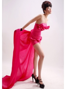 Hot Pink Beading Column / Sheath Watteau Taffeta Strapless Prom Dress