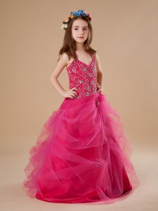 Hot Pink Halter Beading Tulle A-Line Flower Girl Dress Floor-length