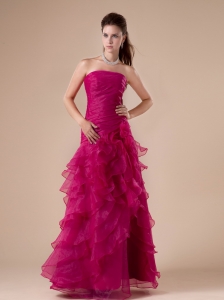 Hot Pink Hand Made Flowers Strapless Ruch and Ruffles Floor-length 2013 Prom / Evening Dress
