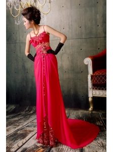 Hot Pink Spaghetti Straps Appliques With Beading Prom / Evening Dress With Court Train