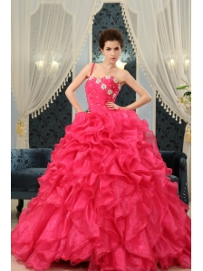 One Shoulder Coral Red A-line Appliques And Ruffles Quinceanera Dress For 2013 Custom Made