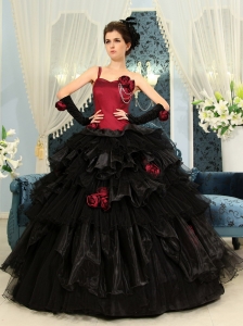 One Shoulder Wine Red And Black Ball Gown Hand Made Flowers Organza Ruffles Quinceanera Dress For Custom Made