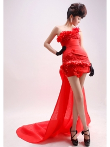 Red Column / Sheath Watteau Organza Strapless Beading Prom Dress