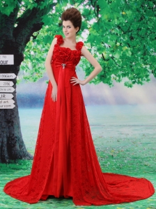Red Flowers Decorate Prom Dress With Lace Sequare Neckline