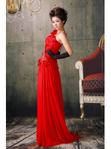 Red One Shoulder Beaded and Hand Made Fowers Prom Dress With Brush Train