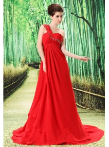Red One Shoulder Prom Dress Appliques and Ruch