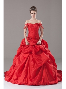 Red Taffeta Off The Shoulder Handle-Made Flower Ball Gown Court Train Quinceanera Dress