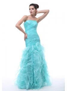 Ruched and Ruffles Decorate Bodice Mermaid Floor-length Light Blue Organza 2013 Prom / Evening Dress