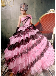 Ruffled Layers Hand Made Flowers Beaded For  Baby Pink and Black Quinceanera Dress