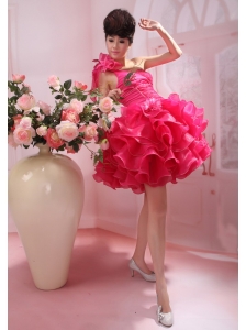 Ruffles One Shoulder A-Line / Princess Organza Mini-length Prom Dress Red