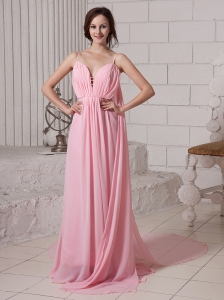 Spaghetti Straps Baby Pink Watteau Train Prom Gowns With Chiffon For Custom Made