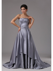 Strapless Elastic Woven Satin A-Line / Princess Brush Train 2013 Prom Dress Ruched