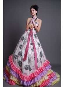 Strapless Organza Multi-color Brush Train Hand Made Flower Beading 2013 Prom / Evening Dress