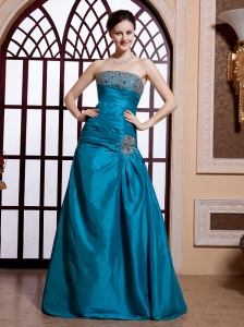 Teal Blue A-line Taffeta Strapless Beaded New Style 2013 Prom Gowns Custom Made