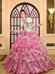 2013 Ruffles Appliques For Green and Rose Pink Quinceanera Dress With Jacket Brush Train