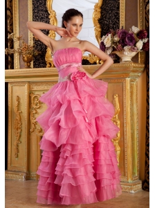 Appliques and Hand Made Flowers Ruffles Layers Decorate Bodice Pink Prom / Evening Dress