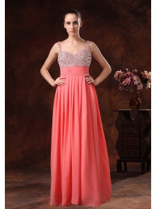 Beaded Decorate Straps and Bust Ruch Watermelon Red Chiffon Floor-length 2013 Prom / Evening Dress
