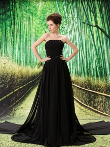 Beading Empire Black Chiffon Watteau Strapless Prom Dress