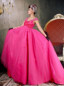 Beautiful V-neck Cap Sleeves Hot Pink 2013 Prom Dress With Hand Made Flowers