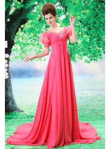 Bubble Sleeve Coral Red Beaded V-neck Chiffon Stylish Custom Made Prom Gowns
