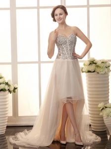 Champagne Tulle Rhinestone Decorate Bodice Sweetheart Neck Court Train 2013 Prom Gowns