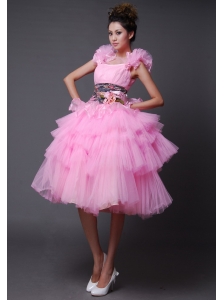 Columbus Hand Made Flowers Decorate Straps and Waist Organza and Tulle Ruffled Layers Pink For 2013 Prom / Cocktail Dress